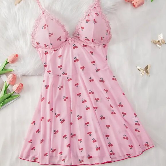 Other - XL Sexy Cherry Print Lace Trim Slip Nightdress, V Neck Backless Sleep Mini Dress